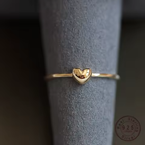 925 Sterling Silver Plated 14K Gold Simple Heart Ring for Women Korean Cute Everyday Jewelry Accessories