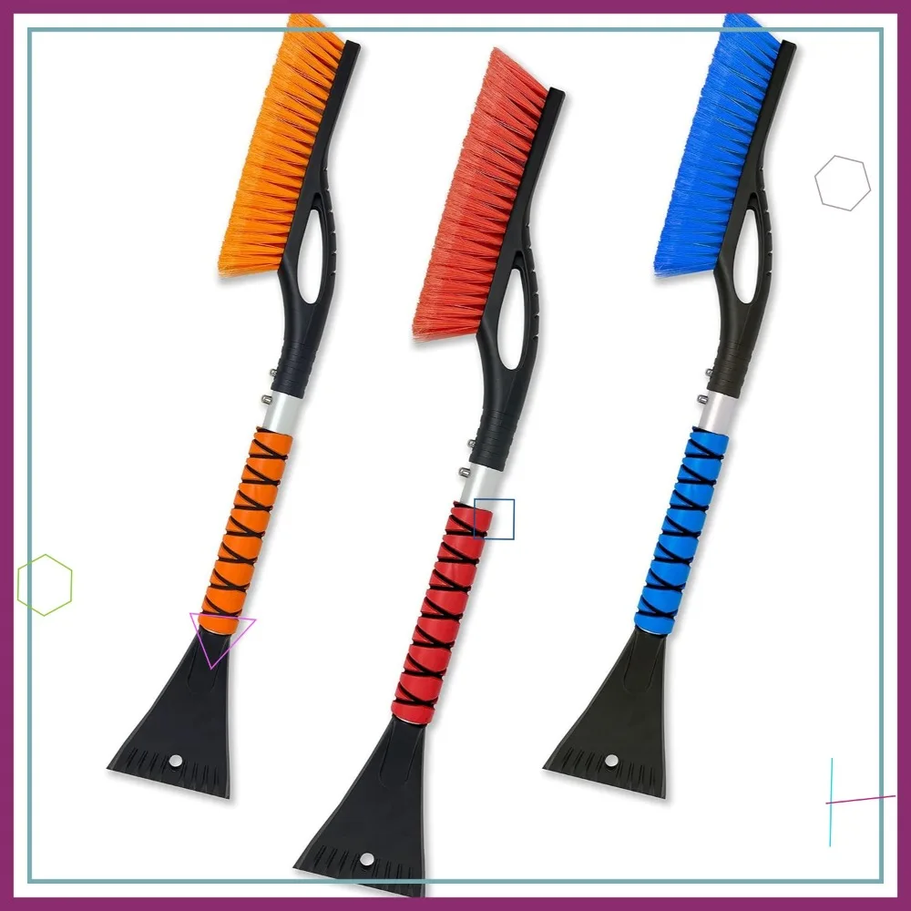 

27-дюймовый алюминиевый скребок для снега и щетка с плетеной щетиной, металлический корпус, рукоятка из пеноматериала - набор из 3 штук (оранжевый, красный и синий)