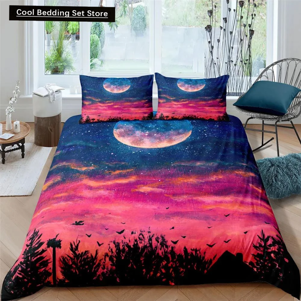 Moon Night Scene King Queen Duvet Cover Red Dark Sky Sunset Clouds Bedding Set Teens Adults Forest 2/3pcs Polyester Quilt Cover