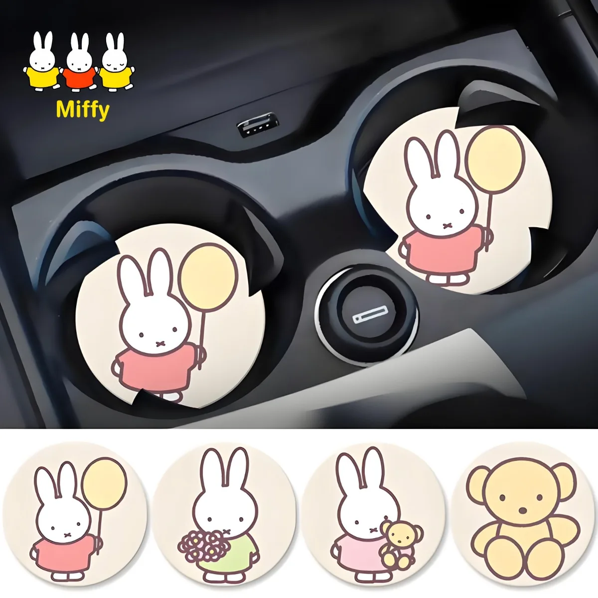 Kawaii Miffy Rabbit cute cartoon car coasters, car water coasters, storage MATS, car interior decorations, anti-slip universal