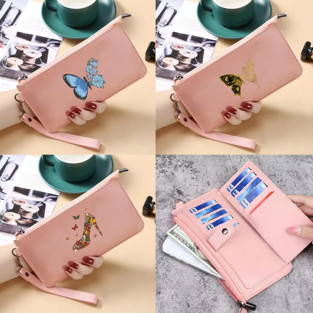 Women Wallets Zipper PU Leather Butterfly Print Coin Purse Mini Key Chain Wallet Multi-card Bit Card Holder Card Holder Clutch