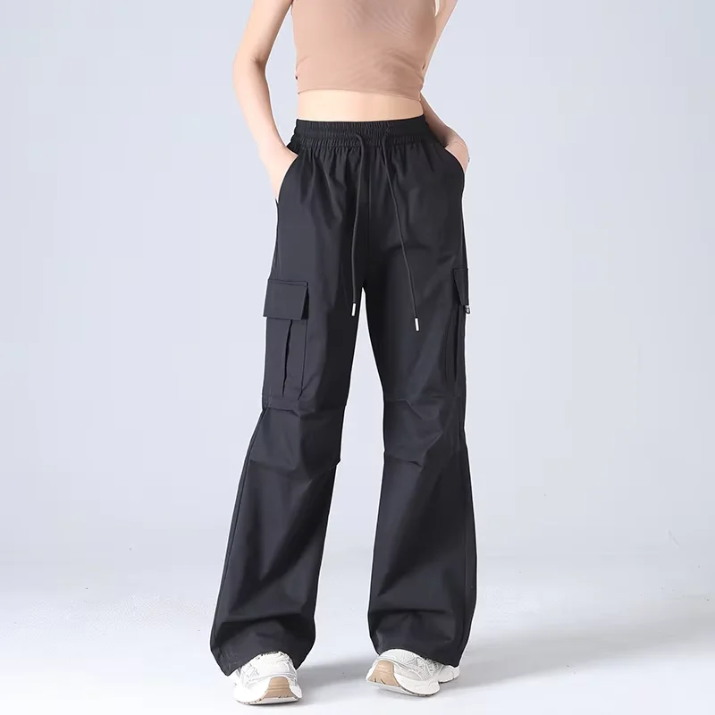 Ladies Y2K Streetwear Parachute Cargo Pants Elastic Waist Drawstring Multi‑Pocket Flared Leg Loose Casual Outdoor Long Trousers