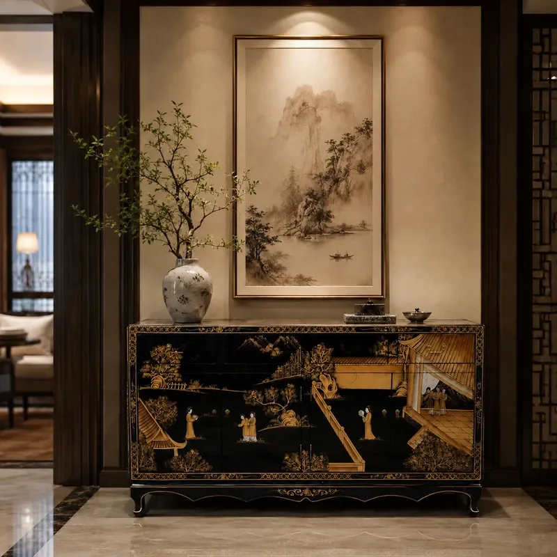 New Chinese Style Light Luxury Solid Wood Side Cabinet Retro Tea Storage Cabinet for Living Room Wall Mounted Furniture
