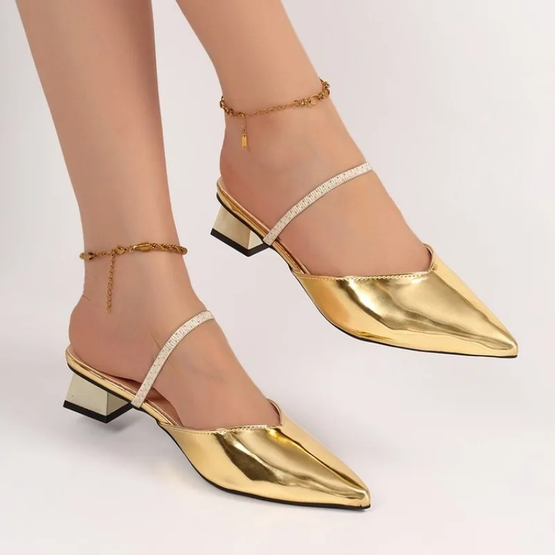 Women's Backless Mules Pointed Toe Low Block Heel Slip on Dress Pumps Glossy Finish Rhinestone Accent Strap Evening Event Shoes