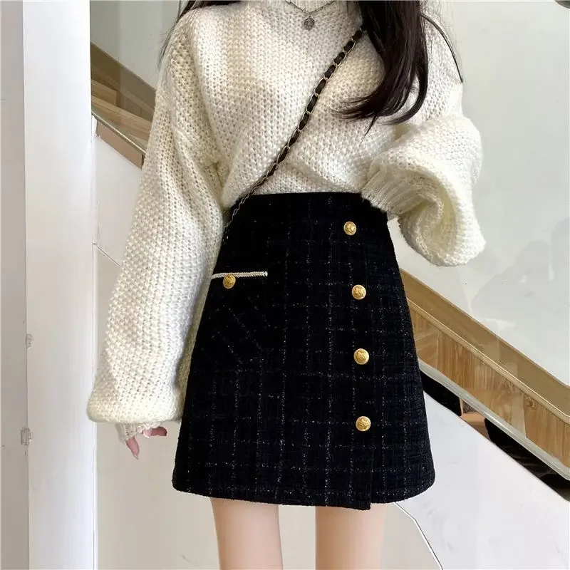 New Fashion Woolen Mini Skirt Women Elegant Plaid Printed High Waist Gold Button A-Line Casual Skirts Office Lady Clothing