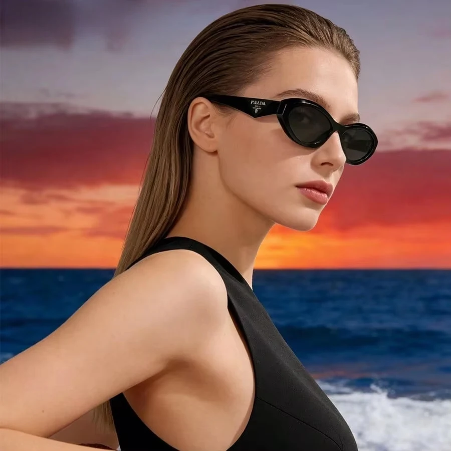 Prada black frame designer sunglasses UV protection close up