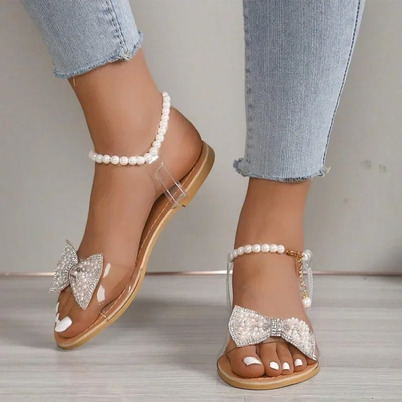 

Women Sandals 2025 New Summer Flat Pearl String Shoes for Women Flip Flops Trendy Beach