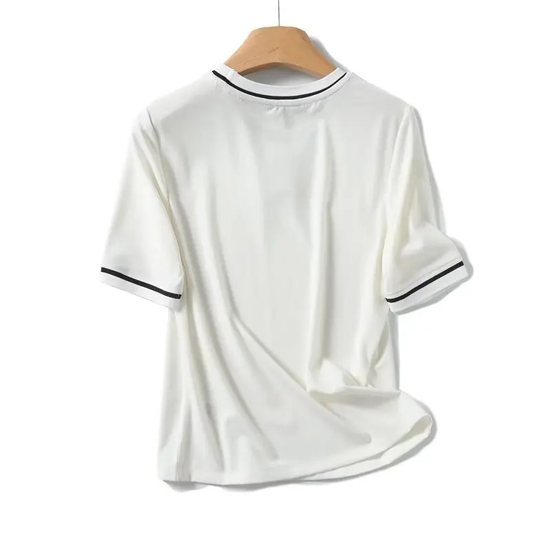 Maxdutti Fashion Contrast Round Neck Cotton T-shirt For Summer Nordic Minimalism Short Sleeved Tshirts Women Tops