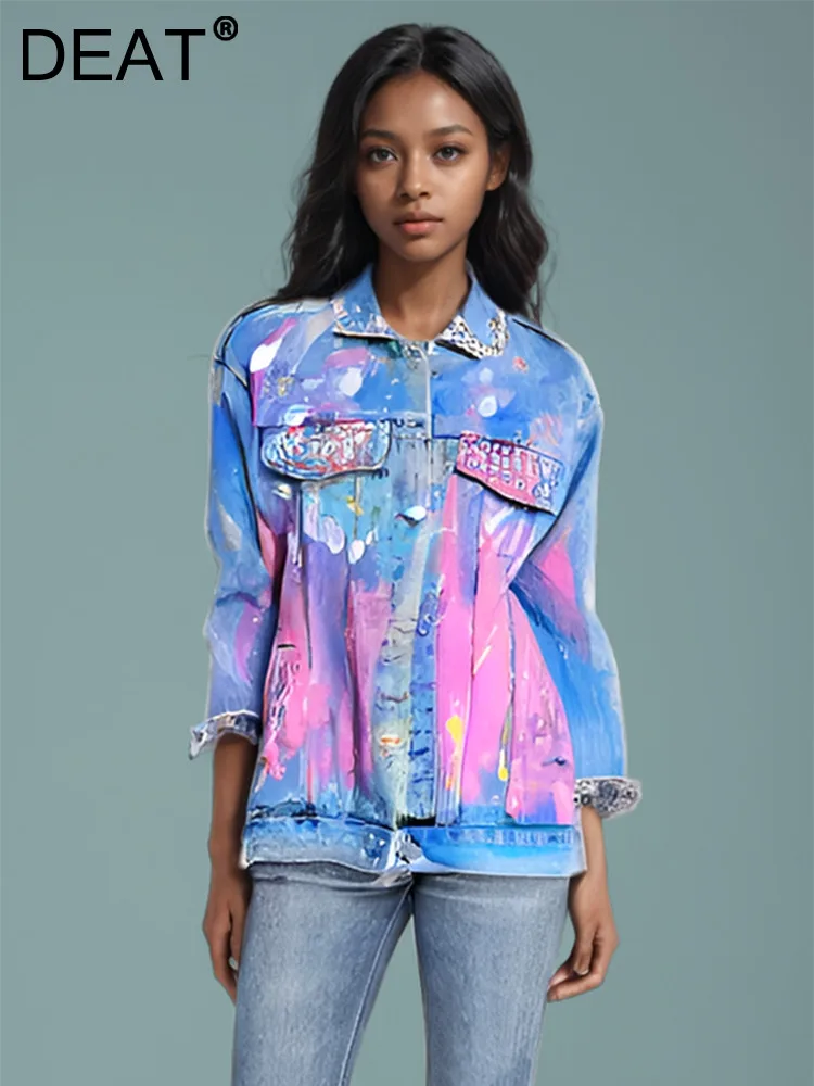 DEAT Fashion Women Irregular Tie Dye Print Denim Coat 2024 Autumn Trendy Turn-down Collar Single Breasted Jacket Female 33A1659