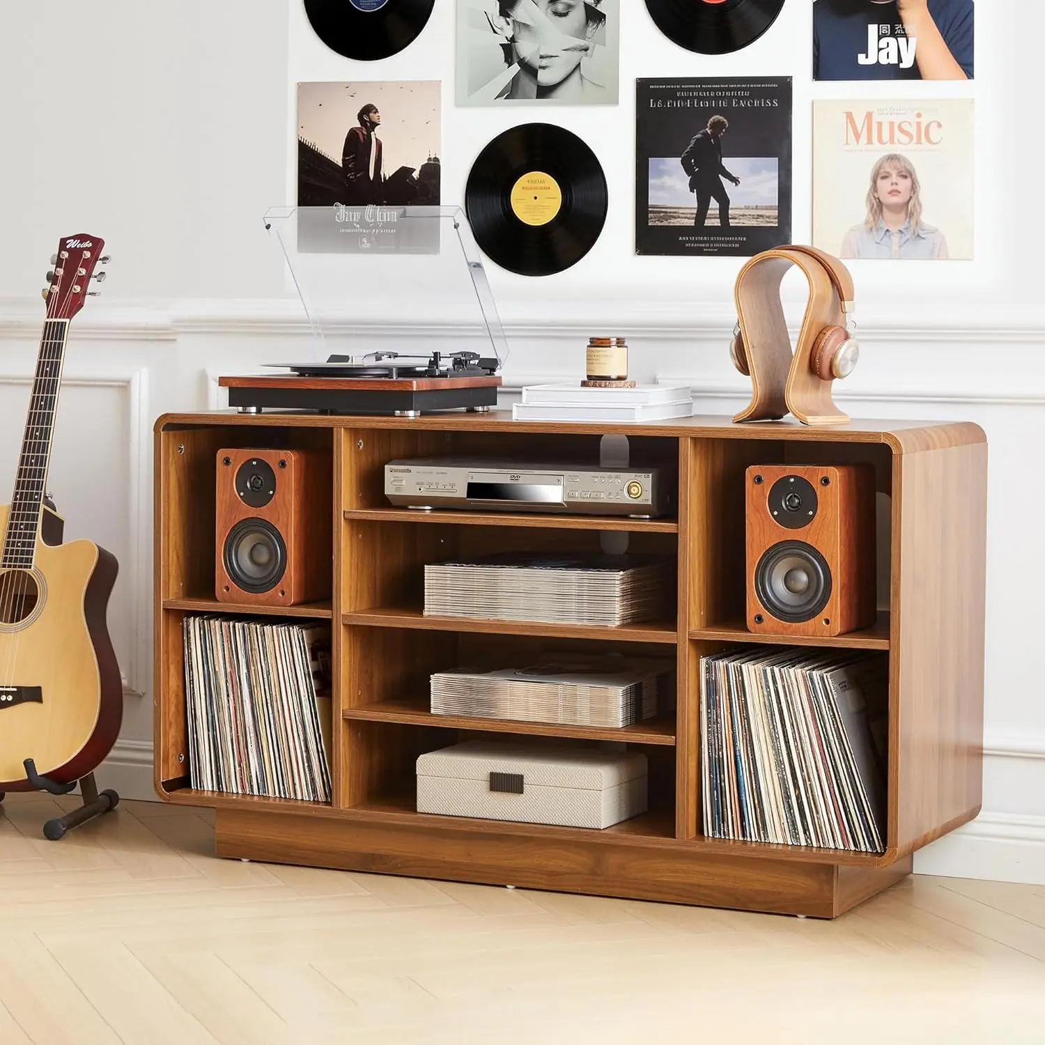 Large Record Player Stand Vinyl Storage 5-Tier AV Media Cabinet Curved Adjustable Shelves Living Room Studio, Customized