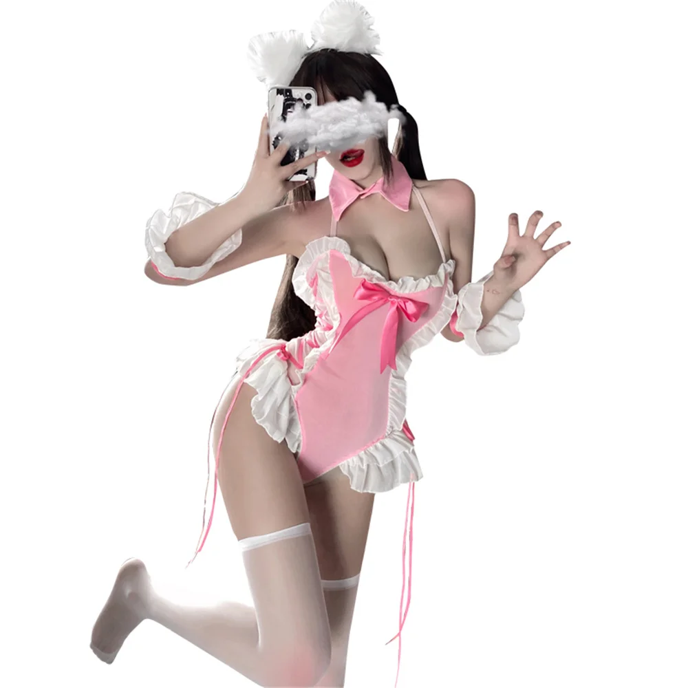 2022 Pink Sexy Cute Bunny Cat Girl Cosplay Lingerie Set Backless Bandage Halter Flounce School Swimsuit Erotic Jumpsuit Bodysuit