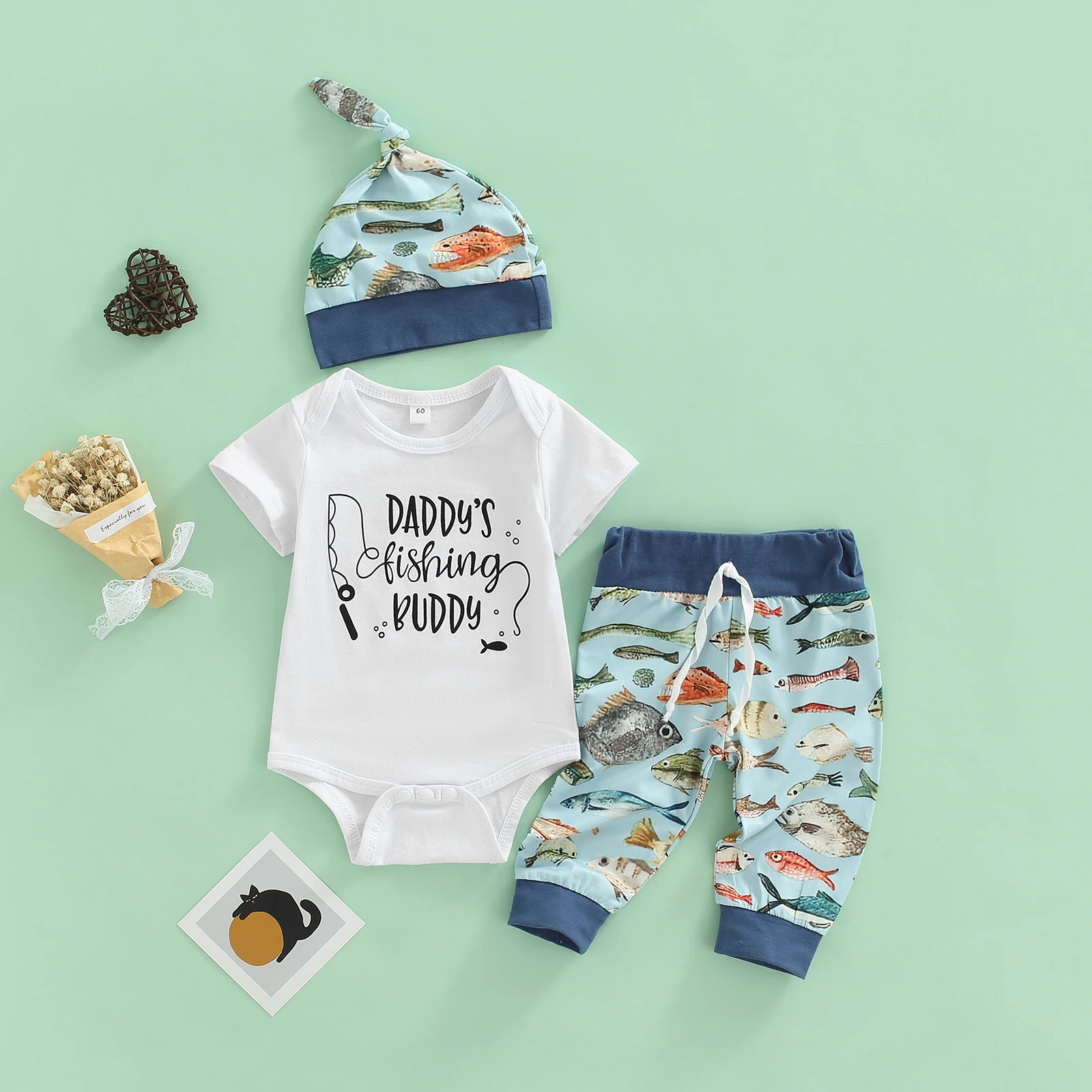 2022-03-07 Lioraitiin 0-12M Newborn Girl 3Pcs Outfits Letter Print Short Sleeve Romper Fishes Patchwork Drawstring Shorts