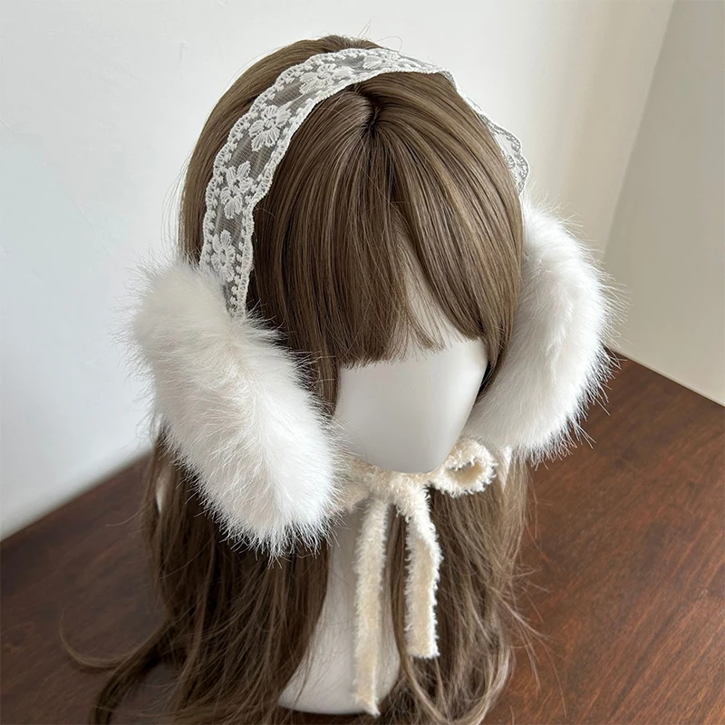 Lace Bow Earmuffs Winter Warm Thickened Women Kawaii Japanese JK Tape Ear Protection hairband Cycling Earbags Y2k Accessories