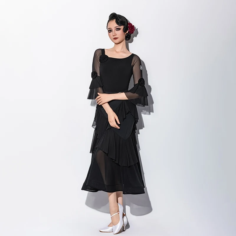 

2024 современный танцевальный костюм с сетчатым краем листьев лотоса, топы с рыбьей косточкой, большая распашная юбка, вальс, одежда для бальных танцев для взрослых, DQS20440