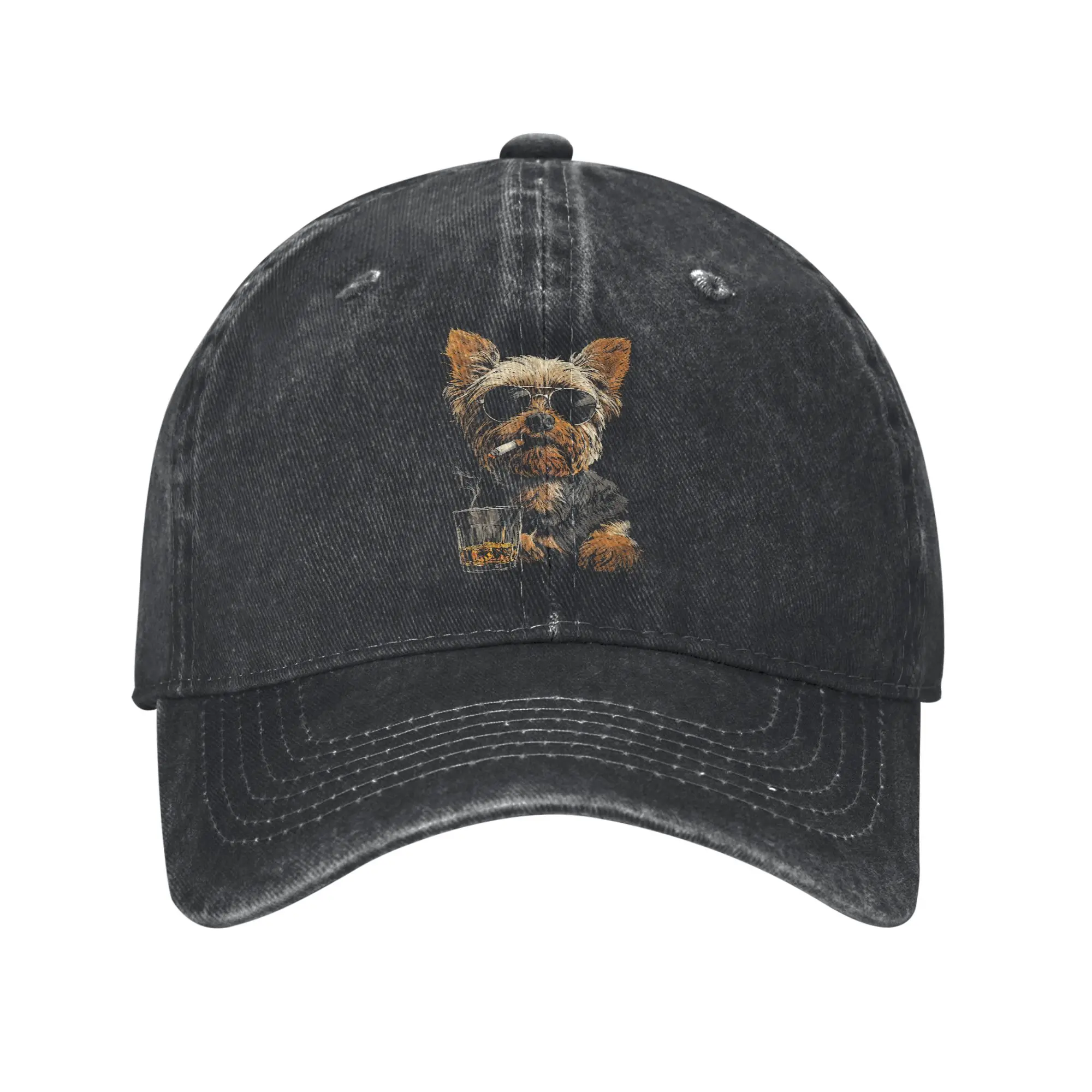 Yorkshire Terrier Smoking Unisex Baseball Caps Whisky Lover Funny Dog Distressed Denim Cap Hat Outdoor All Seasons Soft Headwear