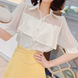 Korean All-match Ruffles Spliced Chiffon Shirt Summer Women's Clothing Polo-Neck Fashionable Mesh Puff Sleeve Solid Color Blouse