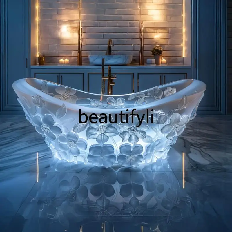 Transparent bathtub AI concept couple freestanding crystal corrugated resin bathtub