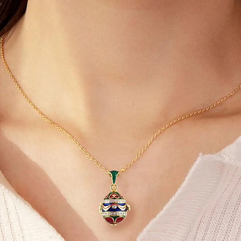 Enamel HandMade Jewelry Can Open Brass Vintage Egg Pendant Crystal Necklace Gift To Women Girls Apple Inside Christmas