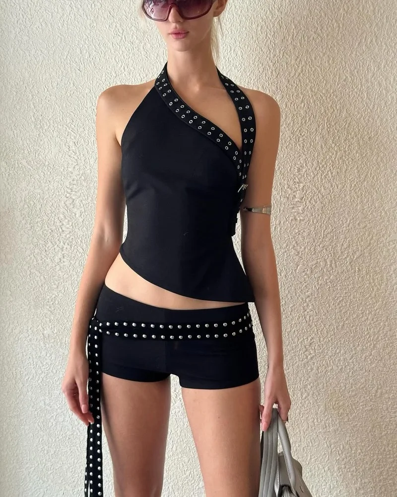 

STYLISH LADY Rivet Design Niche 2 Piece Set 2025 Women Asymmetric Shoulder Fitted Crop Top and Shorts Sets Club Party Outfits