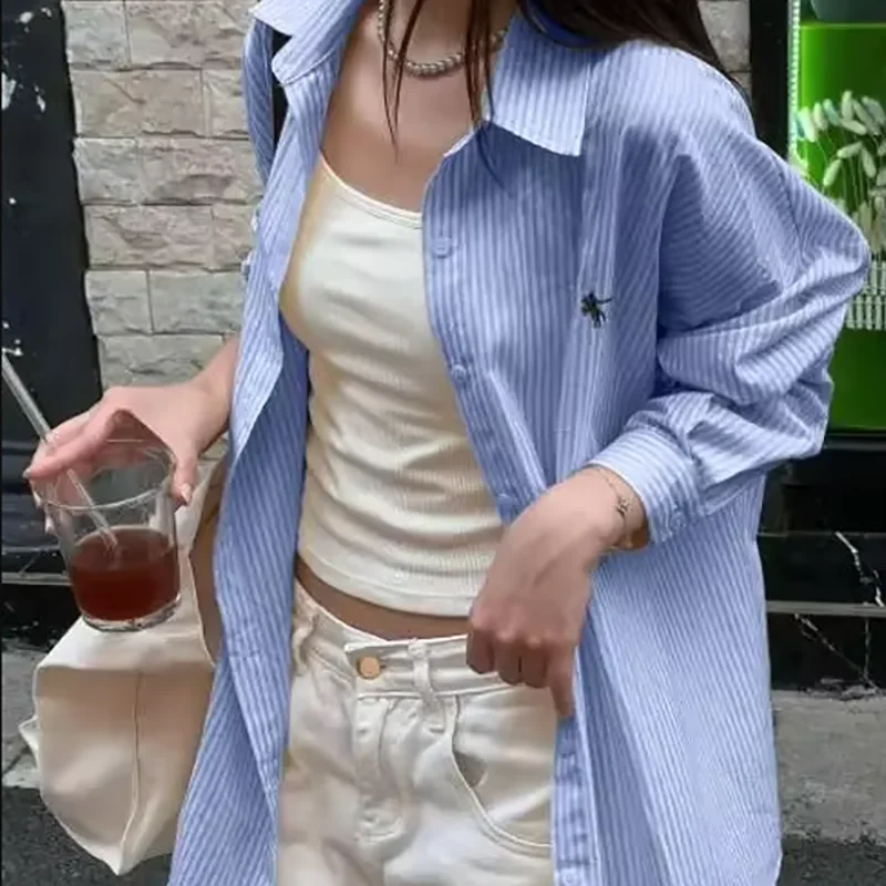 قميص ITOOLIN الجديد لقضاء العطلات الراقية للسيدات صيفي أنيق بياقة مخططة وفضفاض غير رسمي متعدد الاستخدامات وأكمام طويلة #2