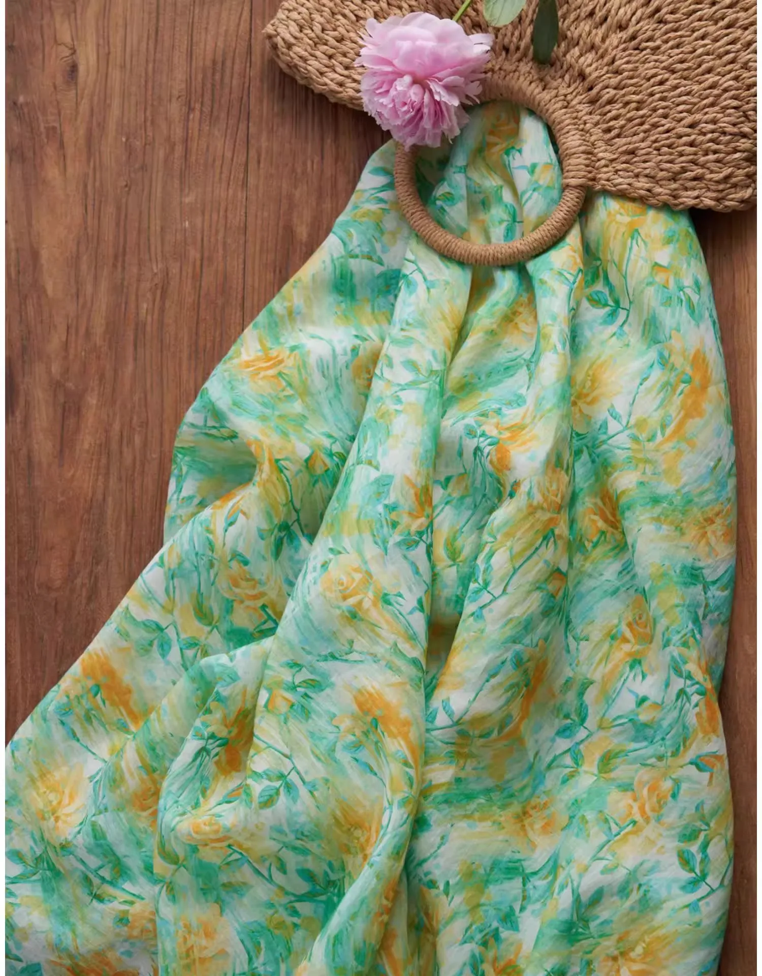 

1yard new Flower print tela ramie fabric for sewing Dress robe and clothing cheongsam fabric