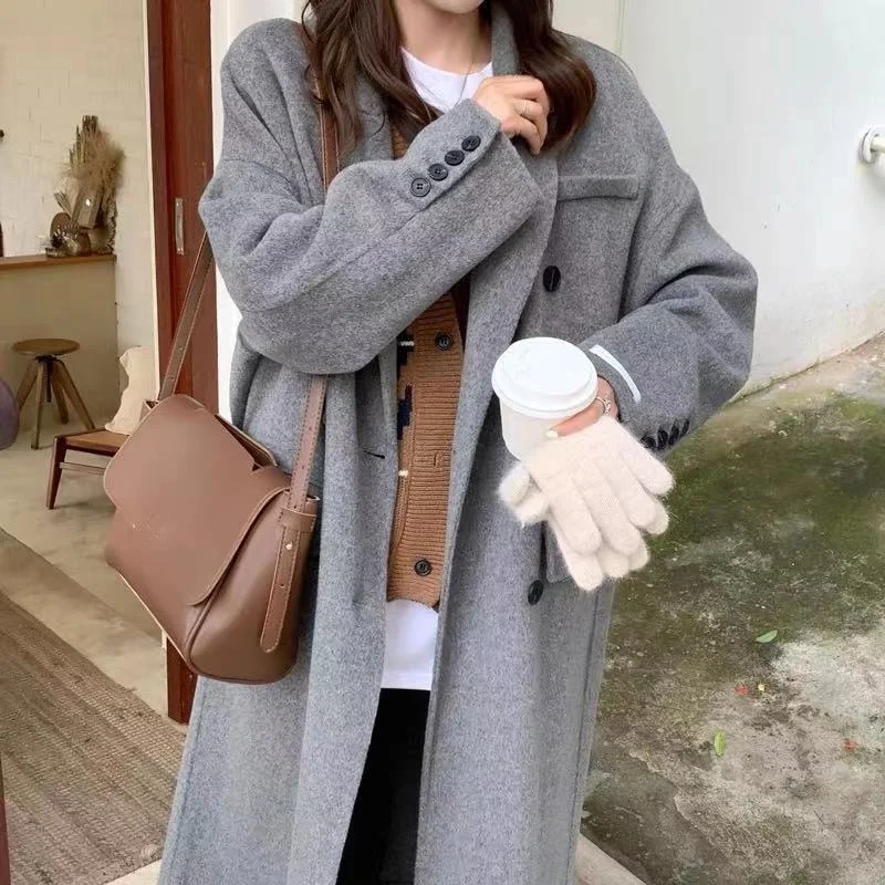 2022 Autumn And Winter New Korean Style Fashion Loose Temperament  Double-breasted Thickened And Cotton Long Woolen Coat Women