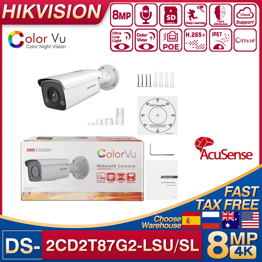 

Hikvision 4K PoE 8MP ColorVu Acusense Bullet IP Camera DS-2CD2T87G2-LSU/SL Strobe Light and Audible Warning Built-in Mic Camera