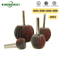 Roda de lixa abrasiva para polimento Dremel, forma de bola, D20, 30, 40, 50, 60, 80, 120, grão, 6mm haste, 4pcs