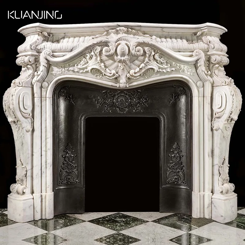 Classic French Design Modern Hand Carved Electric Elegant Stone Baroque Marble Fireplace Mantle Surround Kitchen Outdoor