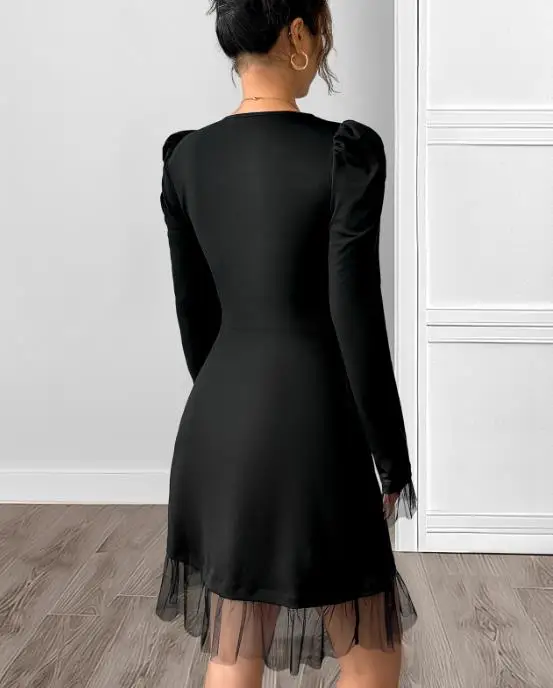 

Womens Dresses 2025 Spring Autumn Elegant Square Neck Bubble Long Sleeved Temperament Mesh Splicing High Waist A-Line Mini Dress