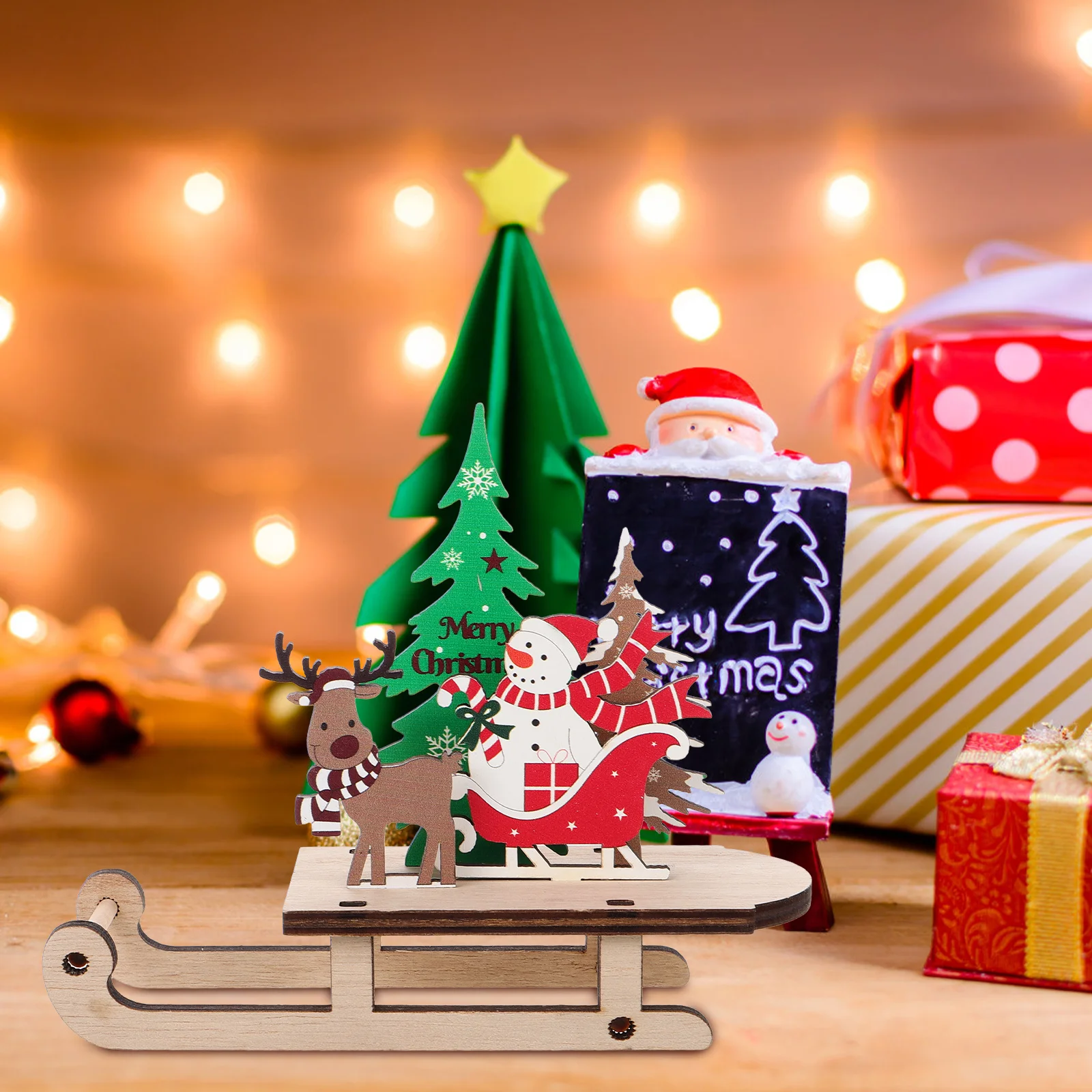 

Wooden Christmas Decoration Handcrafted Snowman Sleigh Holiday Home Office Desktop Decor Indoor Xmas Centerpiece Mini Sled