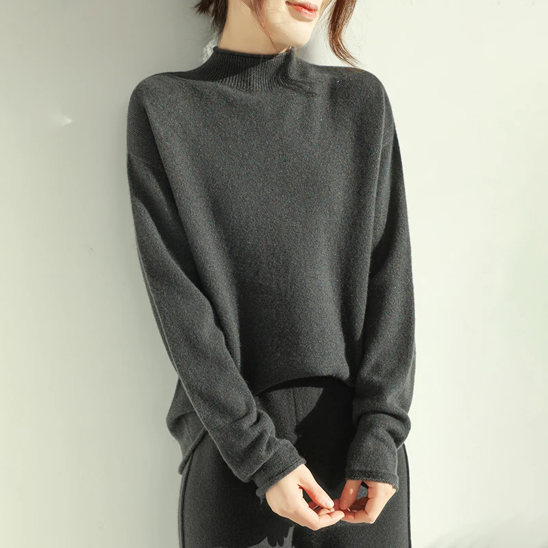 

New Style Autumn Winter Women 100% Merino Wool Sweater Gold Silver Thread Knitted Wool Sweater Half High Neck Curled Edge Top