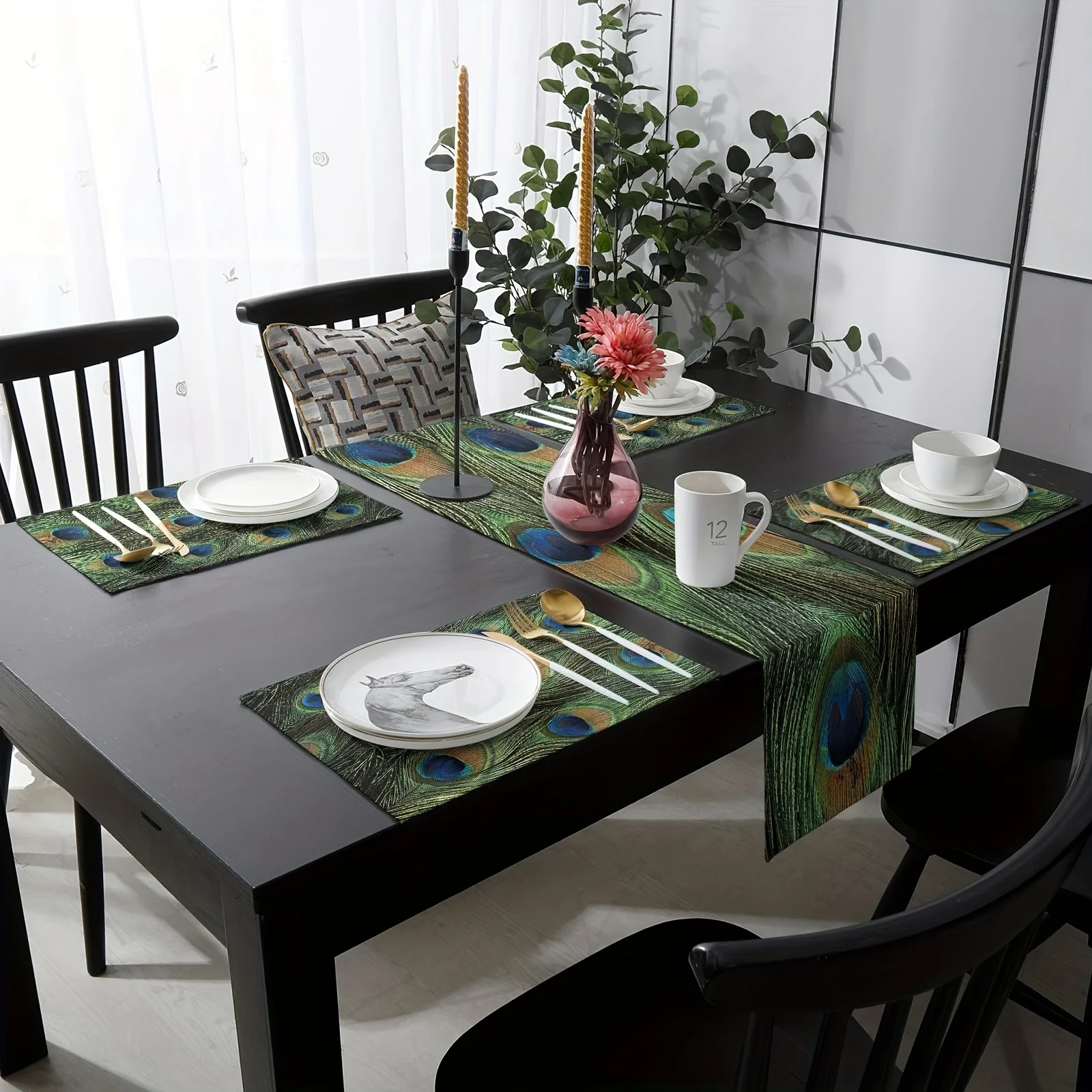 1pc Luxurious Green Peacock Feather Texture Linen Table Runner Stain Repellent for Dining Room Kitchen Festive Tablecloth