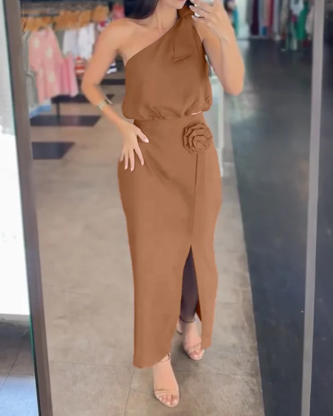 

2-piece set of asymmetrical collar sleeveless elastic vest and 3D printed high waisted slit dress for summer 2025
