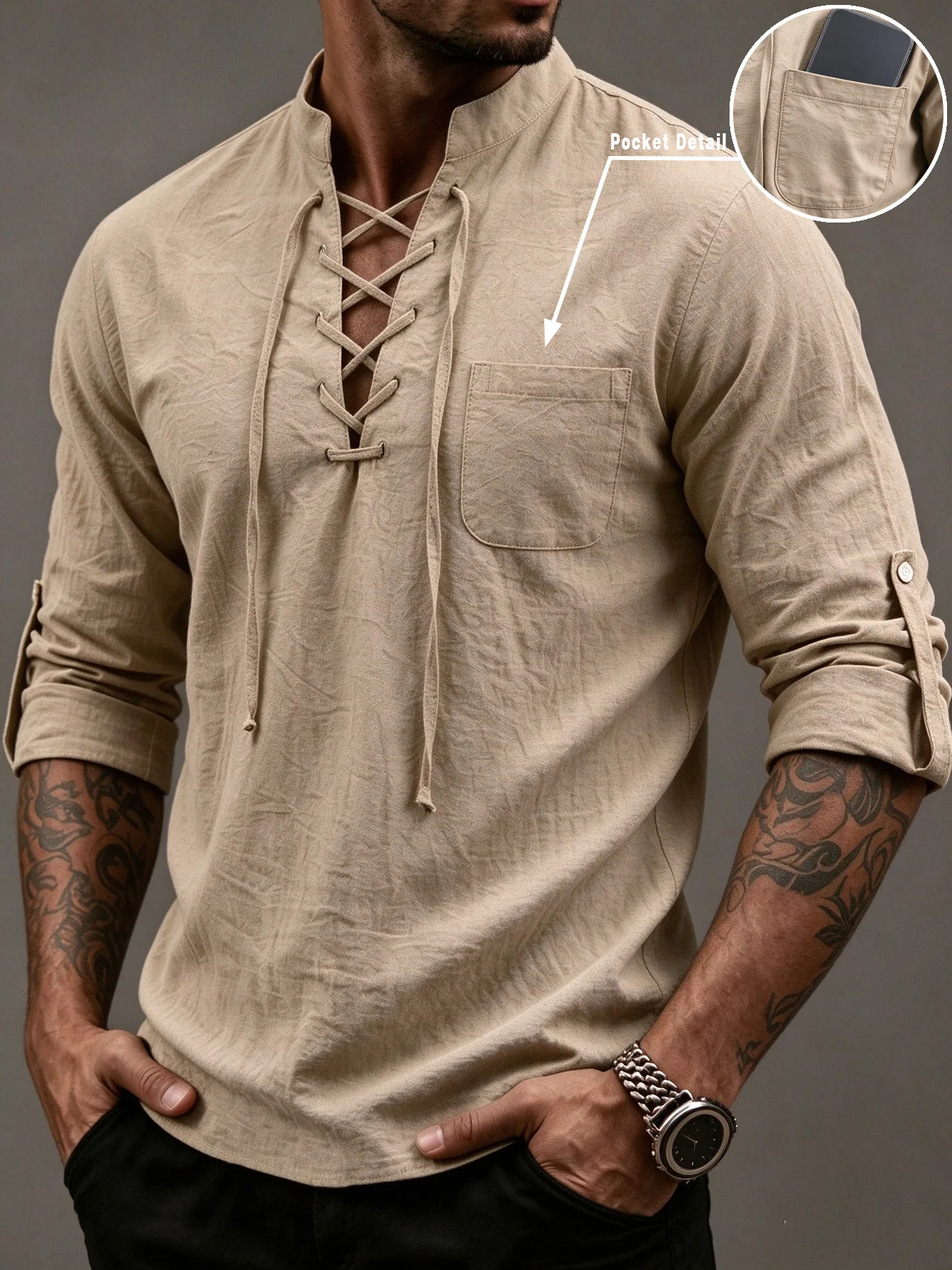 Men's textured linen stand collar lace-up long sleeve shirt, chest pocket, roll-up sleeve with tab, casual vintage blouse.