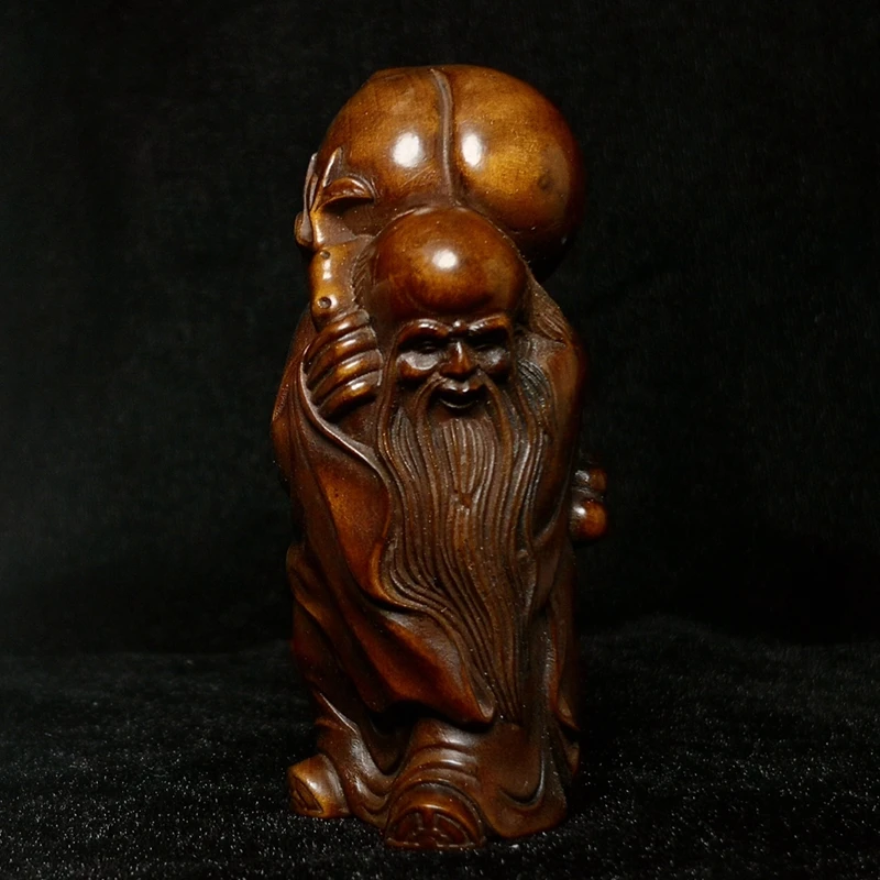 

YIZHU CULTUER ART Size 3 Inch Old Chinese boxwood hand carved Peach god of longevity statue table decoration collection Gift