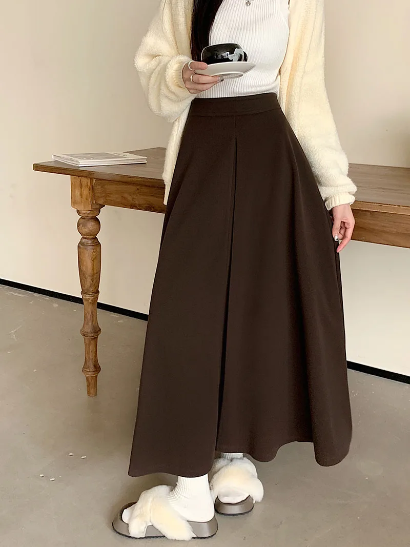 

S-XL 2Colors Autumn and Winter 2026 Big Bottom Long Wool Skirt Womens high waist Ball Woolen Skirts Saia Feminina(mm1593)