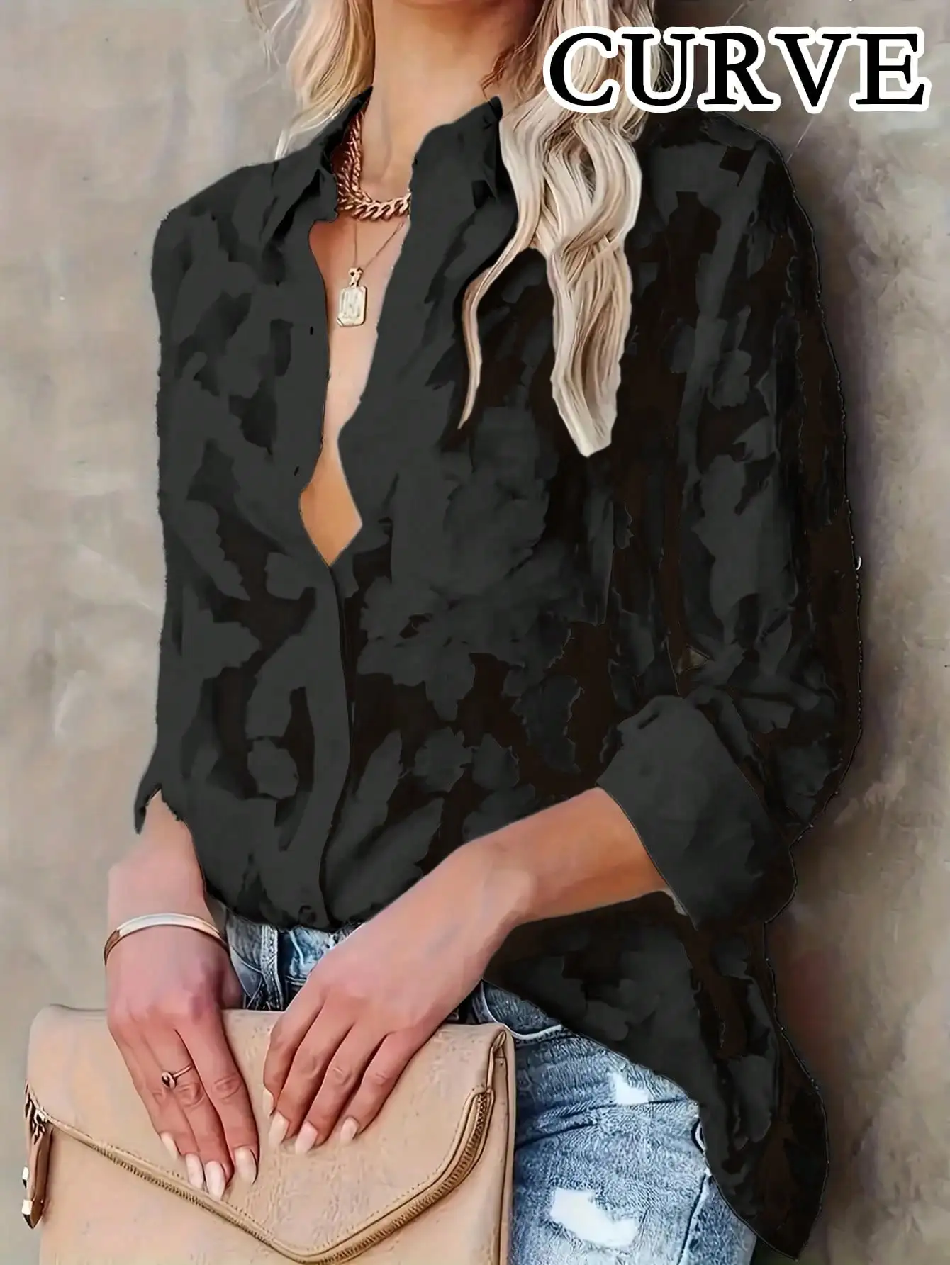 

Plus Size 1XL-5XL New Women's Long Sleeved Blouse Shirt Lades Chiffon Jacquard Temperament Commuting Semi Transparent Beachwear