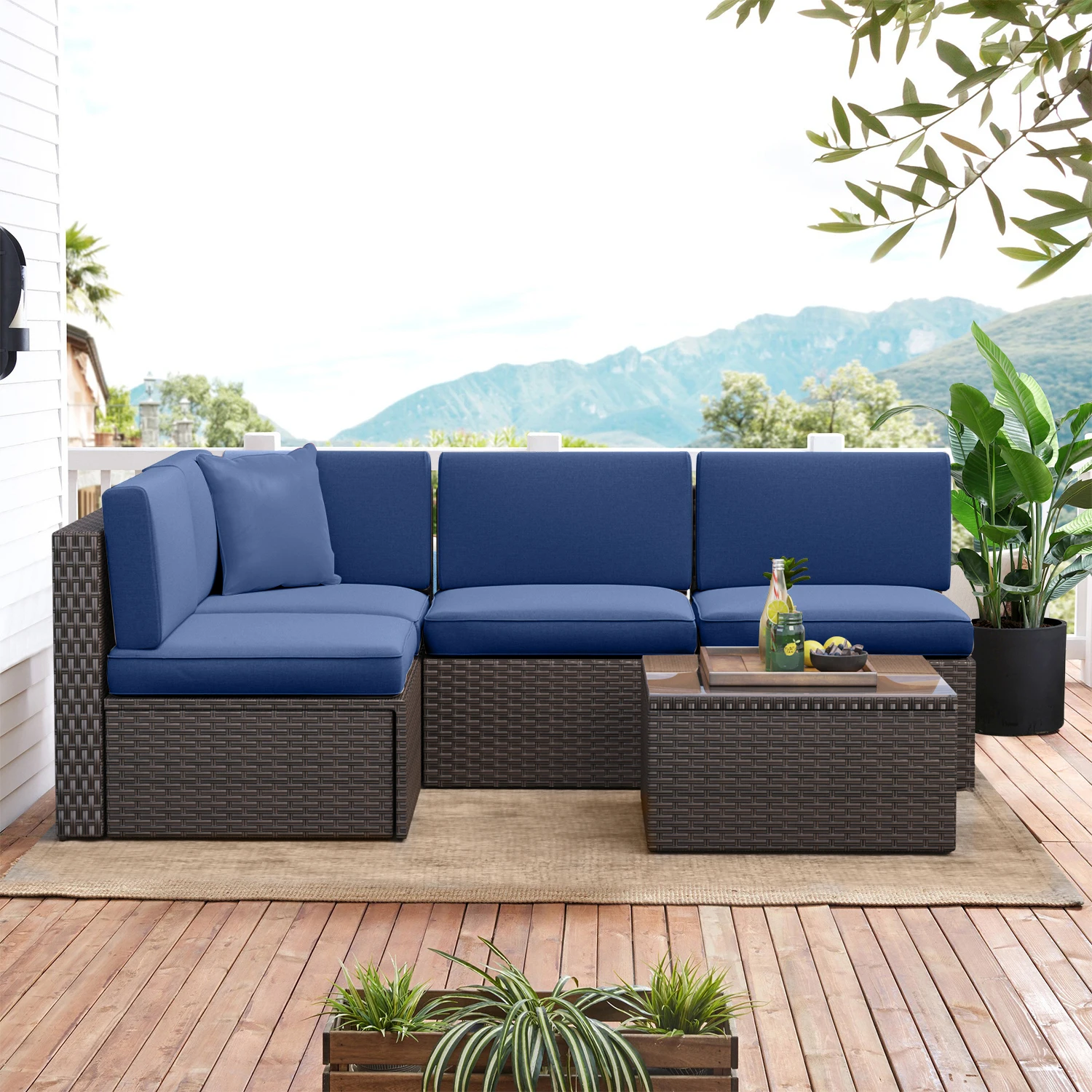 5 Pieces Wicker Patio Furniture Sets with Washable Cushions & Glass Coffee Table for Children, Girls and People in Small Size