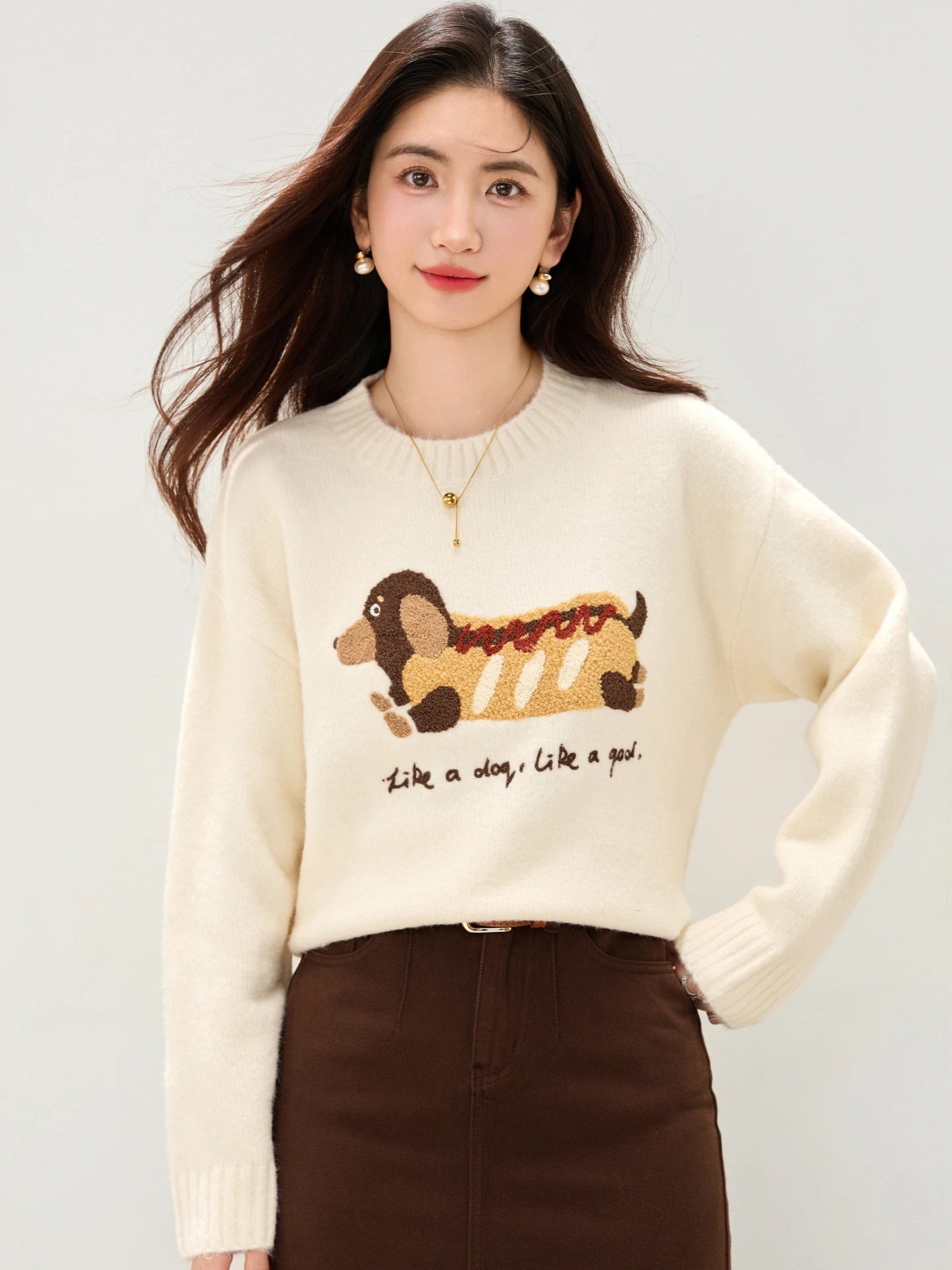Fall Winter 2025 Women Sweater Dachshund Sausage Dog Embroidered Knitwear Pullover Top Long Sleeve Loose Women Clothes 510903