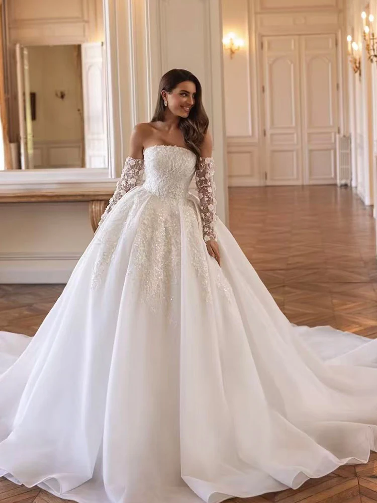 Abito da sposa con spalle scoperte in organza con ricamo staccabile a maniche lunghe abito da ballo personalizzato con lacci sul retro Vestido De Novia