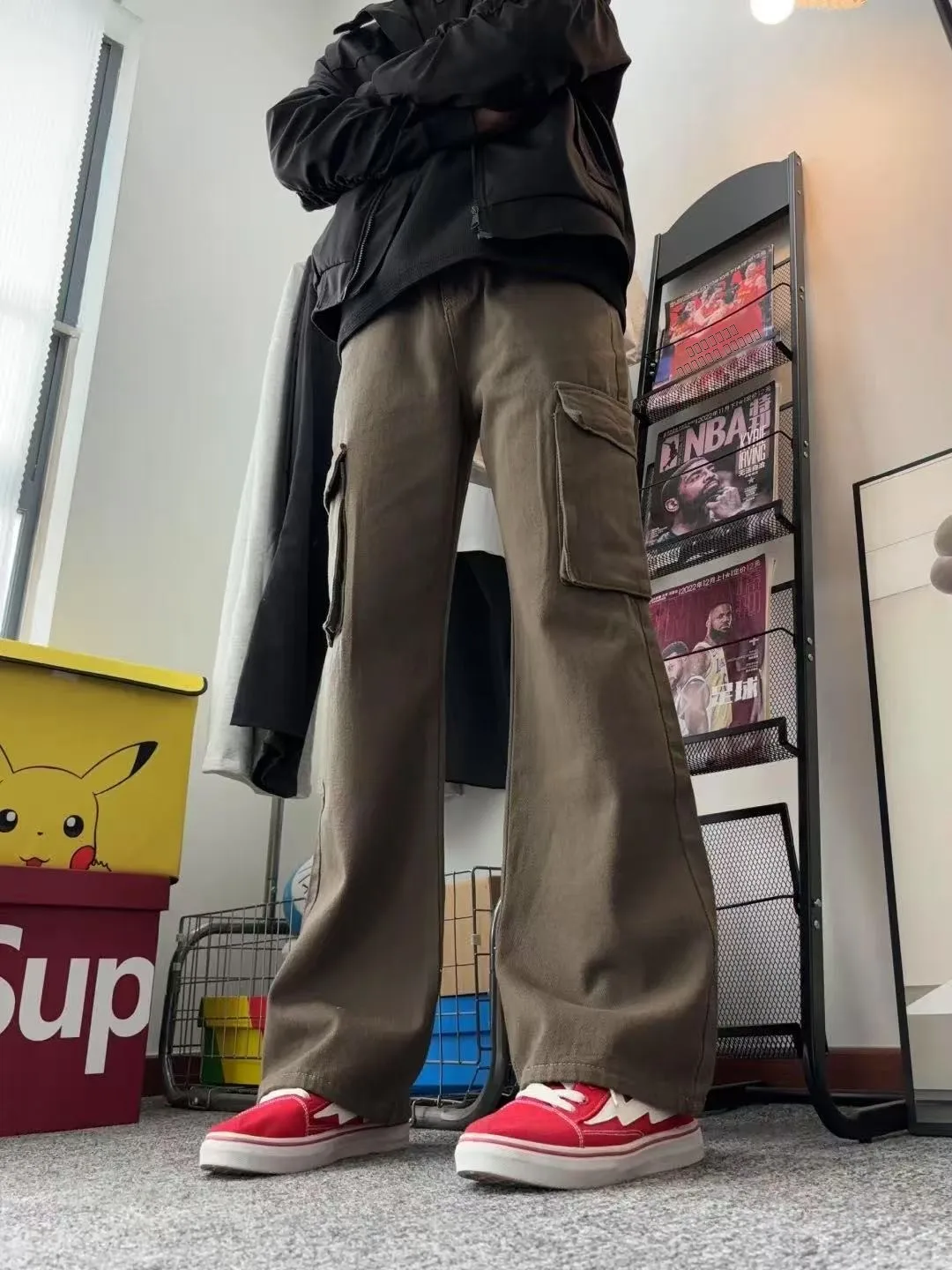 

Винтажные коричневые повседневные джинсовые рабочие брюки с несколькими карманами, прямые джинсы свободного покроя, универсальная износостойкая одежда