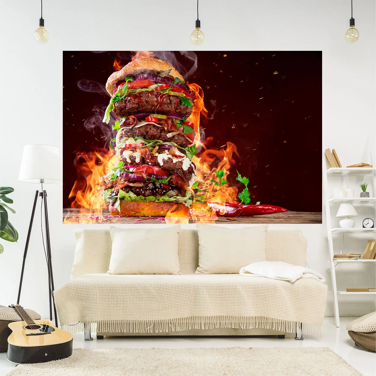 

QdDeco Foods Hanging Tapestries Burning Hamburger Printed Background Cloth Pizza Meme Sofa Blanket Home Decoration