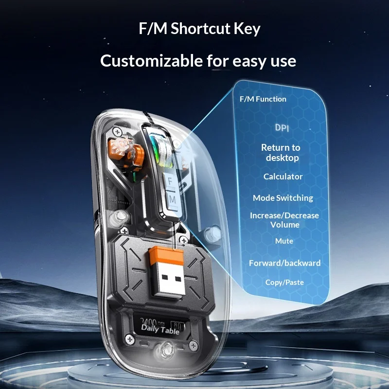Fmouse New Transparent Aluminum Alloy Tri Mode Wireless Bluetooth Mouse Smart Display Adjustable Buttons 2400 Dpi Office Gaming