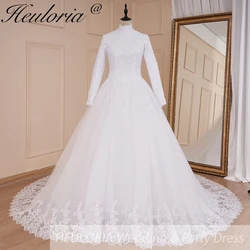 Heiloria-vestido de novia de princesa, manga larga, cuello alto, cuentas de encaje, talla grande, vestido de novia musulmán, tren de corte