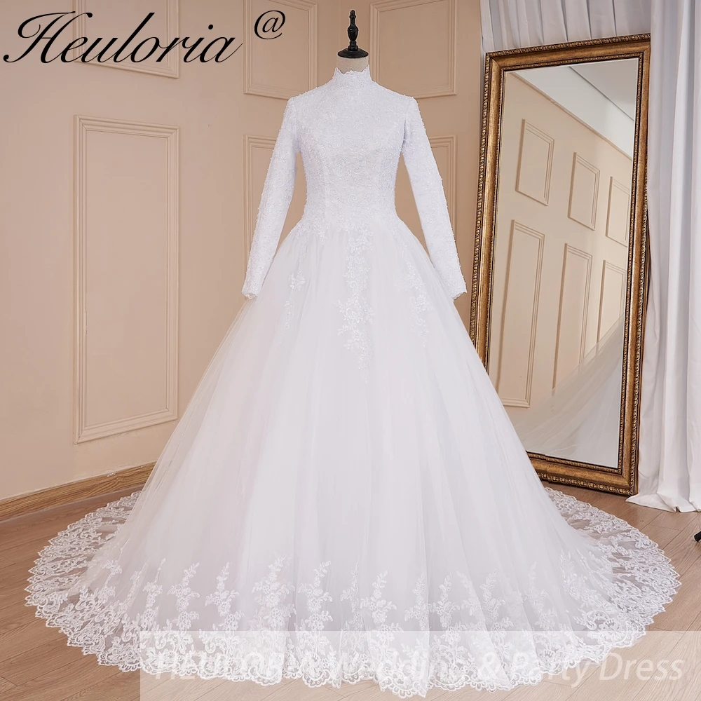 HEULORIA princess Wedding Dress long sleeve high neck bride dress lace beading Plus size muslim wedding gown court train