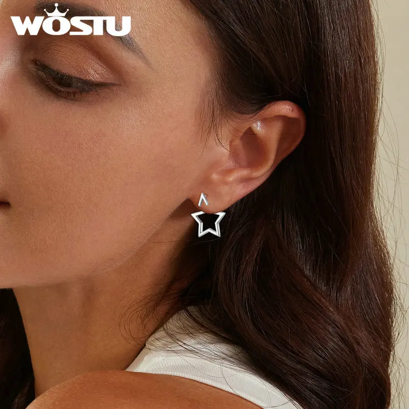 WOSTU 925 Sterling Silver Hollow Star Earrings Front-back Stud Earring For Women Girls Simple Original Design Fine Jewelry Gift