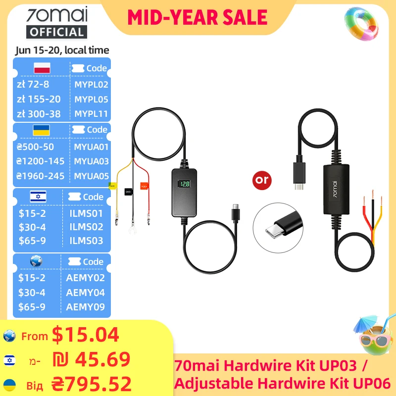 Zestaw do przewodowego podłączenia 70mai UP06, Zestaw do przewodowego podłączenia 70mai UP03, Interfejs Type-C, Monitorowanie parkowania 24H, 70mai UP03, 70mai UP06