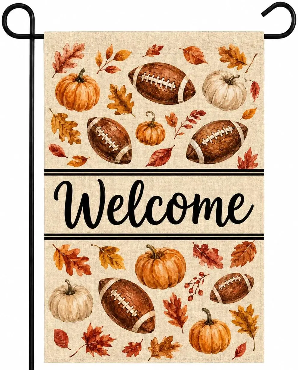 Welcome Fall Football Garden Flag 12x18 Inch Double Sided Burlap, Fall Yard Pumpkin Maple Leaves Garden Flag for Outside Out aaz