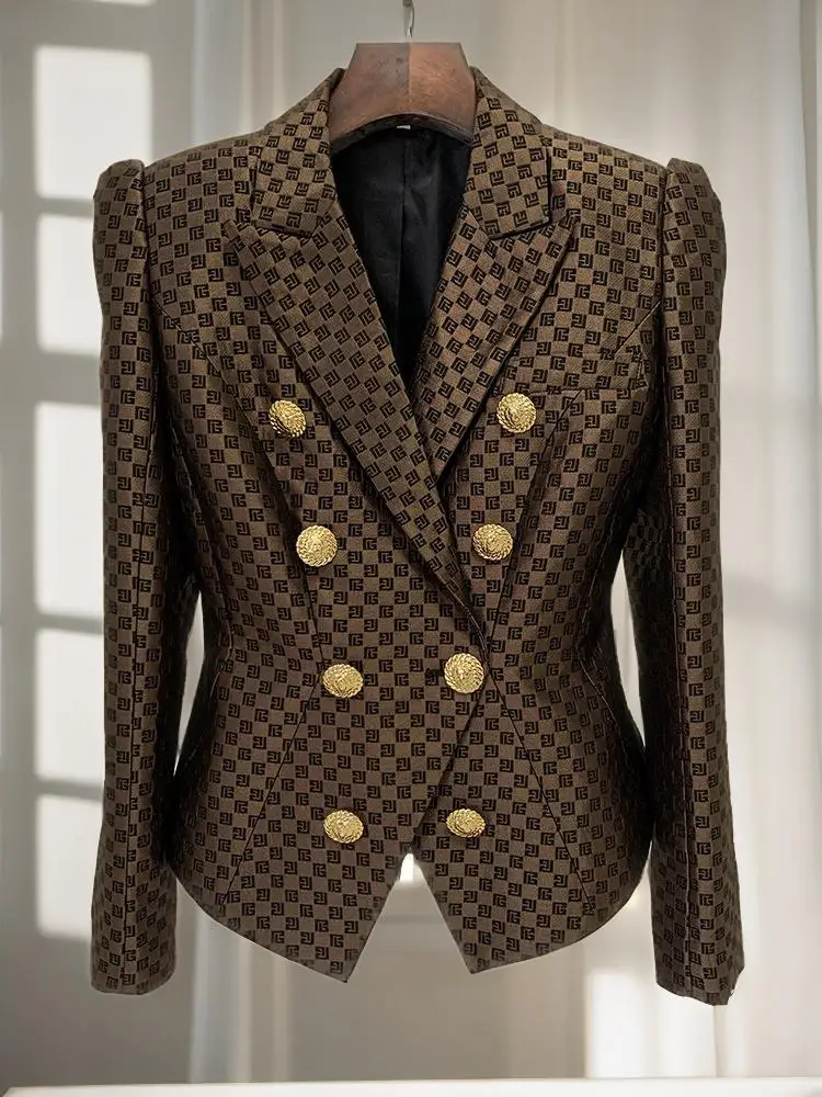 New Designer Brown Jacket Black Women Double Breasted Slim Fit Monogram Jacquard Office Business Wear Blazer Outfit High Quality